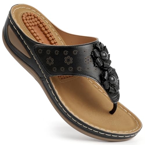 Image of Ecetana Womens Wedge Flip Flops: Orthopedic Cushion Non Slip Sandals - Comfortable Walking for All Day - Stylish Flower Adjustable Thong Sandals for Summer Casual Outing