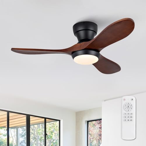 Image of 36 Inch Wood Flush Mount Ceiling Fans with Lights and Remote, Dimmable 3 Blade Wood Bedroom Ceiling Fan with Lights Low Profile Ceiling Fans with Light Outdoor Ceiling Fan for Patios Bedroom