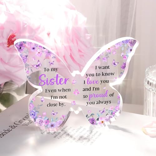 Image of Gifzy Sister Birthday Gifts, Sister Gifts from Sisters Brother, Unique Purple Butterfly Acrylic Plaque Desk Decor, Sisters Gift for Women on Birthday Rakhi Christmas, 5 x 5 x 0.5 inches