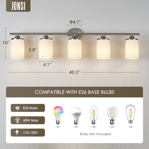 Image of Jonsi Nickel Bathroom Light Fixtures 5-Light Vanity Lights Modern Wall Sconce with Milk White Shade Brushed Nickel Bathroom Light Fixture Over Mirror for Bedroom Hallway Kitchen