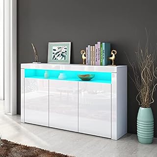 AWOOOD Sideboard High Gloss Matt Cabinet Cupboard with 3 Doors & LED Light Storage Unit Dining Room Living Room Furniture LxDxH 152x35x97cm, White
