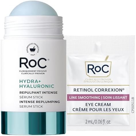 RoC Hydration+ Replumping Serum Stick, Fragrance-Free, Hydrating And Cooling Hyaluronic & Peptide Formula To Boost Elasticity And Visibly Smooth Aging Skin, With Line Smooth Eye Cream Packette, 0.7oz