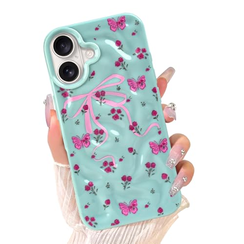Coque iPhone 16 fleurs et nœuds mignons couleur bleu ciel