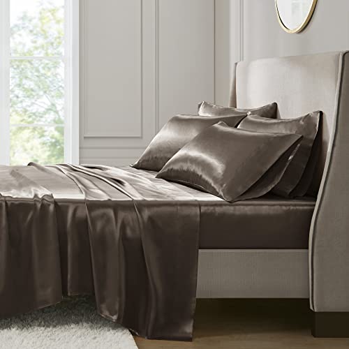 Image of Madison Park Essentials Satin Sheets Queen Size Bed Set, 6 Piece, Chocolate