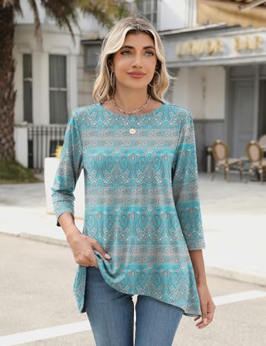 LOMON 3/4 Sleeve Tunic Tops for Women Loose Fit Dressy Casual Blouse Flowy Shirts to Wear with Leggings S-3XL