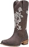 Jeossy Women's Whisky Western Cowboy Boots Mid Calf Embroidery Flower Cowgirl Boots with Low Heel Side Zipper 9807 Comfy Round Toe Country Music Festival Music Rodeo, Size 9(DJY9807 Whisky 09)