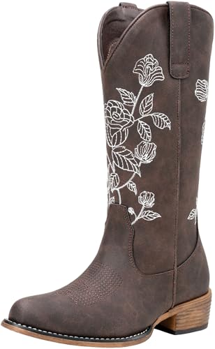 Jeossy Women's Whisky Western Cowboy Boots Mid Calf Embroidery Flower Cowgirl Boots with Low Heel Side Zipper 9807 Comfy Round Toe Country Music Festival Music Rodeo, Size 7(DJY9807 Whisky 07)