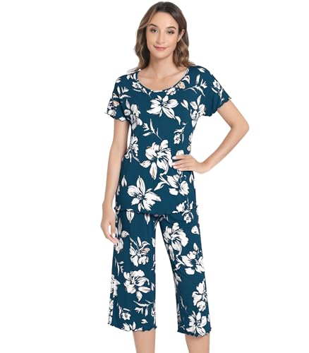 Image of NACHILA Women's Bamboo Viscose Pajama Sets Summer Cooling Short Sleeve Capri Soft Pjs Night Sweats Moisture Wicking Sleepwear