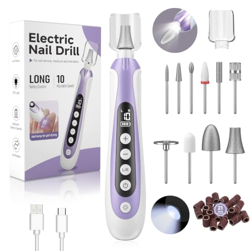 Nail Drill Electric Nail File & 10-Speed Cordless Nail File 10 in 1 Kit for Thick Toenails 2000mAh Rechargeable Portable Manicure Pedicure Kit with LED Display Ideal Gift for Men & Women(Purple)