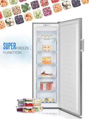 Leiser Gefrierschrank 41 DB Heinrich´s Gefrierschrank HGS 3092 IX – Freistehend, 155 Liter, No-Frost, 4 Schubladen + 1 Fach, Touch-LED, Temperatur -14°C Bis -24°C, Alarm, Wechselbarer Türanschlag, 41 DB Leise