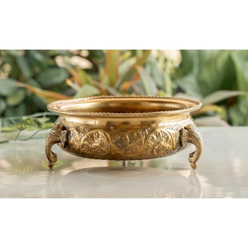 Image of INDIAN ART VILLA Brass Elephant Trunk Urli with Embossed Design, Ideal for Home Decor, Festivals, and Gifting, Traditional Indian Decorative Piece for Spiritual and Elegant Ambiance, 6 Inches