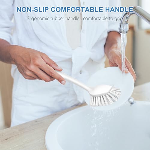 Image of SetSail Dish Brush with Handle, 3 Pack Stiff Bristles Dish Scrubber with Built-in Scraper Dish Scrub Brushes for Cleaning Dishes, Pots and Pans, Kitchen Sink, 3 Pack, Black White