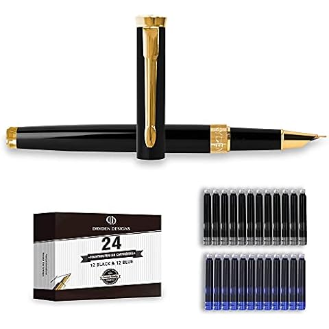 Dryden Designs Fine Nib Fountain Pen - Includes 24 Ink Cartridges - 12 Black and 12 Blue - Black - Smooth Elegant Writing with Fine Nib and Ink Converters Cover