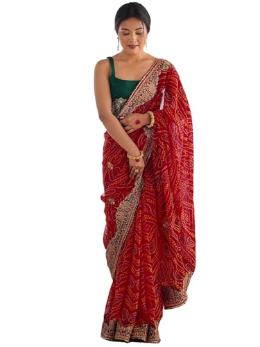 Image of Satrani Women's Georgette Bandhani Printed Embroidered gota lace Saree with Unstitched Blouse Piece