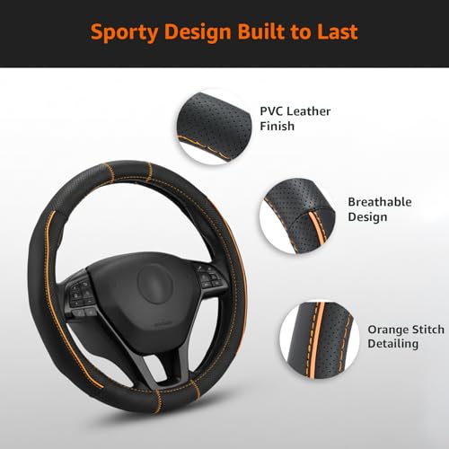 Image of Amazon Basics Leather Steering Wheel Cover (Medium - 38 cm) | Breathable, Non-Slip Polyvinyl Grip with Sporty Black Stitching & Easy Installation (Black and Orange)