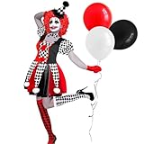 HTPARY Adult Creepy Clown Costume Women Scary Clown Costume Black and White Clown Costume Bloody Halloween Costume (XL)
