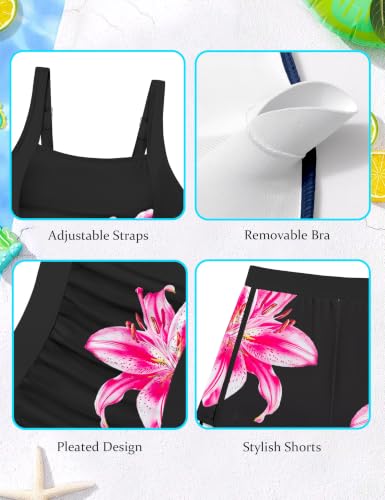 Image of Girls Swimsuit One Piece Swimsuits Color Block Bathing Suit for Girls Adjustable Strap Padded Swimwear with Shorts