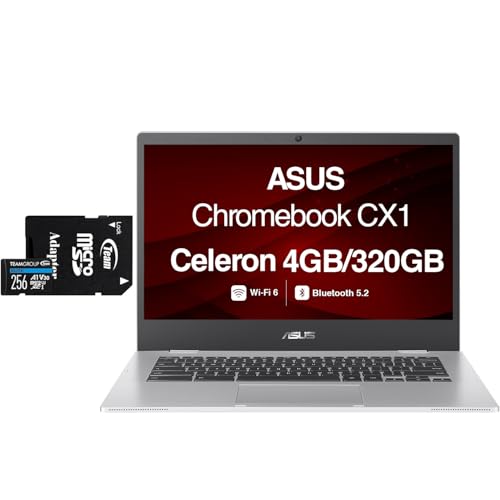 Image of ASUS CX1 Everyday Value Chromebook 14.0 inch HD Display (Intel Celeron N4500, Intel UHD, 4GB LPDDR4X, 320GB Storage (64GB SSD + 256GB Micro SD Card), Webcam, WiFi 6, BT 5.2, Chrome OS (Renewed)