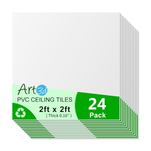 Image of Art3d PVC Ceiling Tiles 24x24 in, 24 Pcs, 96 Sq.Ft, White Smooth