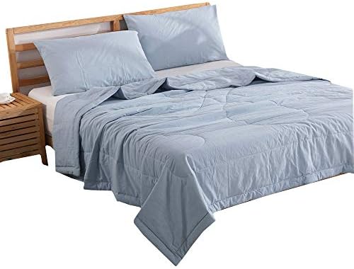 3 Piece Comforter Set Thin Quilt Summer Lightweight Comforter,100% Washed Cotton,Machine Washable,Soft Comfy Breathable Can Sleep Naked (Light Blue, Queen)