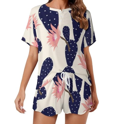 Ensemble pyjama femme manches courtes Fleur De Cactus en tissu respirant et fluide pour l'été