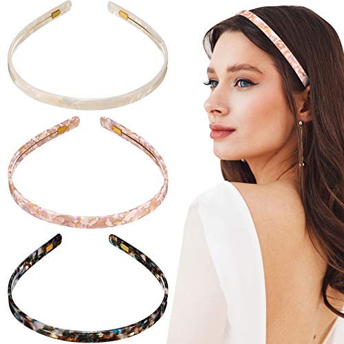 3 Pieces Cellulose Acetate Headband Skinny Headband Thin Headbands with Teeth Non-Slip Leopard Celluloid Hairband Hair Loop Hair Accessory for Women and Girl (Marble Pink, Marble White, Marble Green)