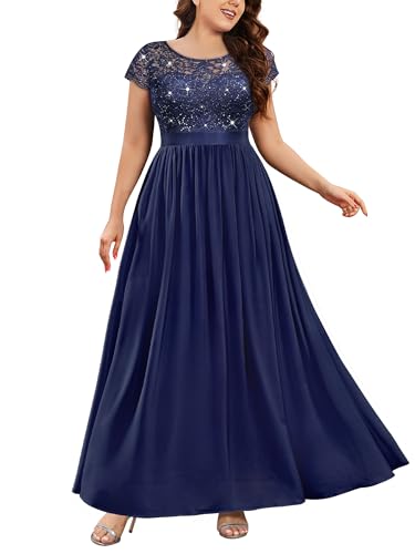 Knitee Women's Plus Size Sequin Floral Lace Formal Bridesmaid Party Flowy Maxi Dress