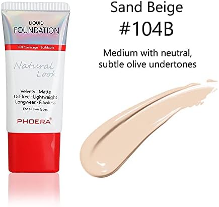 AQUAPURITY PHOERA Full Coverage Foundation New Formula Waterproof Long Lasting Oil Free Velvet Matte Liquid Foundation for Oily Skin Flawless Makeup Base Cream Concealer (104B Sand Beige…) - Image 3