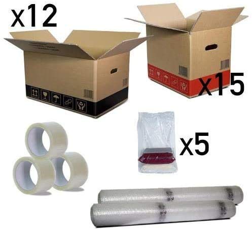 Kit trasloco completo (Trilocale / 60–70 MQ) – 27 scatole doppia onda con accessori imballaggio – mix 2 misure per libri e oggetti fragili