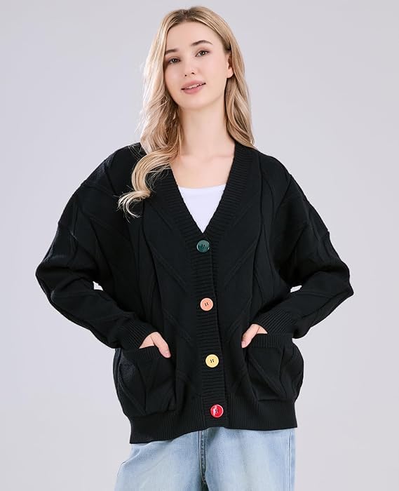 Image of utcoco Womens Open Front Cardigan Cable Knit Long Sleeve Button Down Embroidery Cardigan Sweaters
