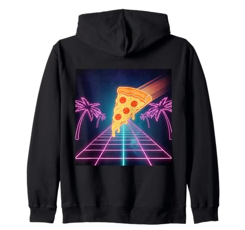 Rebanada de Pizza con Queso y Pepperoni Retro de los 80 Grid Outrun Vision Sudadera con Capucha