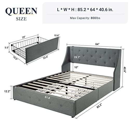 Allewie Queen Bed Frame With 4 Storage Drawers And Wingback Headboard, Button Tufted Design, No Box Spring Needed, Light Grey #TOP1
