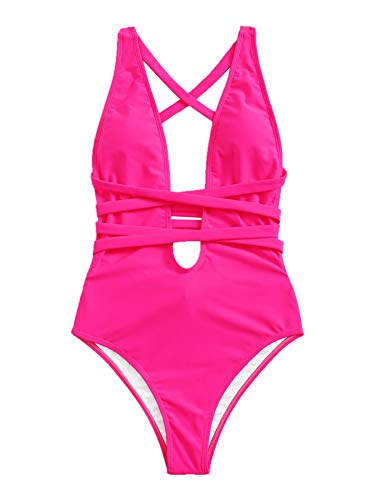 SweatyRocks Women's Sexy Basic Criss Cross Tie Knot Front Deep V Open Back One Piece Swimwear
