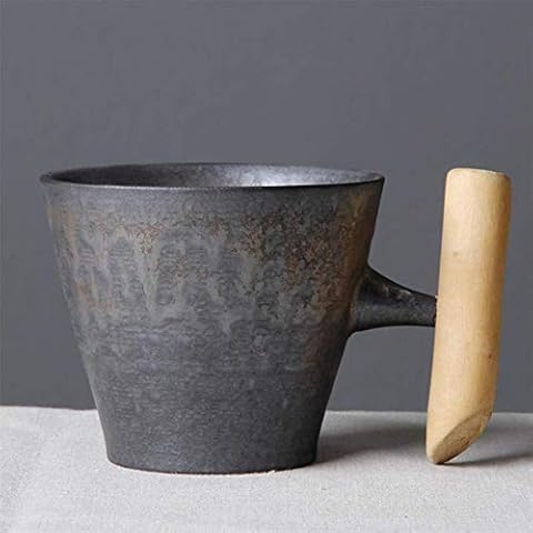 WILLBAN Japanese-style Vintage Ceramic Coffee Mug Tumbler Rust Glaze Tea Milk Beer Mug with Wood Handle Water Cup Home Office Drinkware (1B) Cover