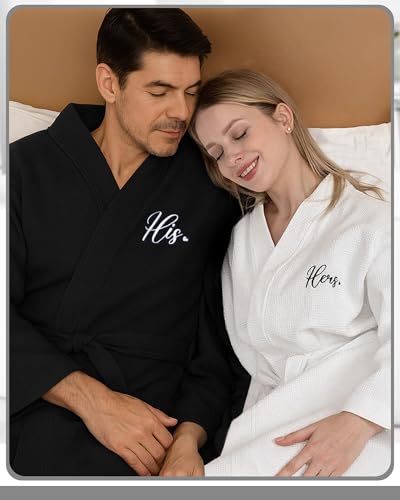Image of Jecery 2 Pack His and Hers Robes Gifts for Couples Cotton Waffle Knit Matching Robes Party Anniversary Wedding Women Men