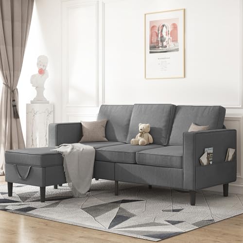 Mjkone Convertible Sectional Sofa Sets, Modern Linen Fabric 3 Seater L-Shaped Sofa with Storage Ottoman, Wooden Sofa Couch Legs, Reversible Chaise Chair for Living Room, Studio, Apartment - Dark Grey