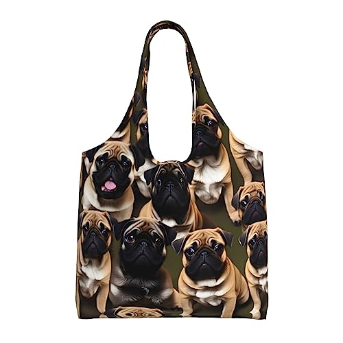 Sac fourre-tout en toile Pug noir 36cm imprimé carlin pour les courses quotidiennes des femmes
