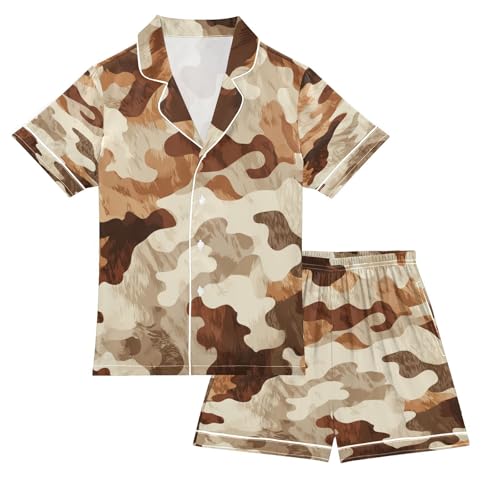 Satin Pajama Sets Short Sleeve Brown Color Duck Hunter Button Down Silky Nightwear 2 Piece PJS 5-14Y