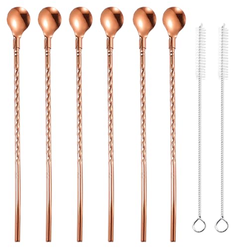 6 Cuillères de Bar, 2 Brosses de Nettoyage, Agitateur Cocktail en Acier Inoxydable 2 en 1 | Cuillère à Cocktail pour Desserts, Thé au Lait, Café & Cocktails