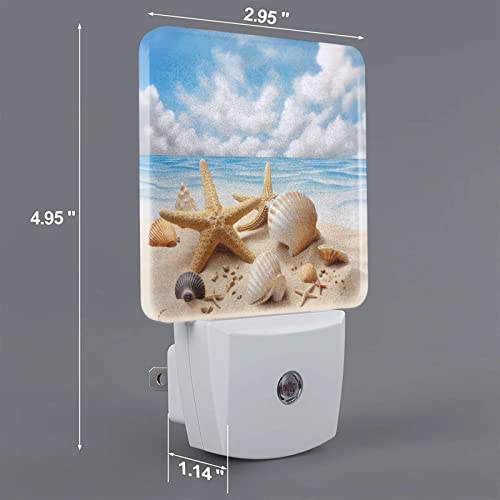 Image of Starfish Seashells Night Light Set of 2, Summer Beach Auto Sensor LED Dusk-to-Dawn Nightlights, Plug-in Sensor Lamp for Bedroom Bathroom Kitchen Hallway Stairs Decorative