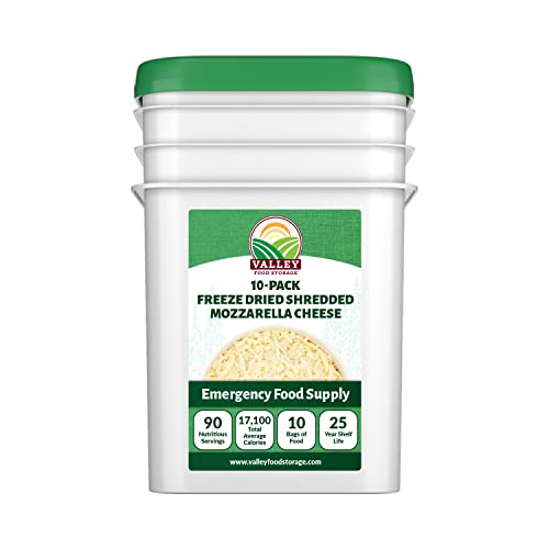Image of Freeze Dried Shredded Mozzarella Cheese 10-Bag Bucket, 95 Oz | Premium Emergency Food Supply 25 Year Shelf Life | Non-GMO Prepper Supplies, Survival Food Off Grid Living Supplies | Valley Food Storage