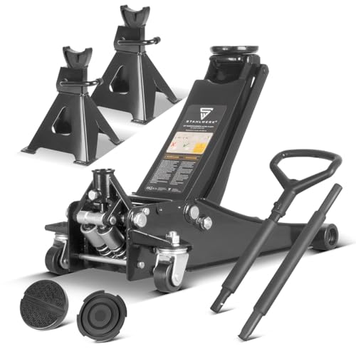 STAHLWERK Set di cric e supporto – 3 t, sollevatore idraulico piatto e 2 cavalletti regolabili in altezza per auto, SUV, auto, auto, accessori da officina per cambio pneumatici