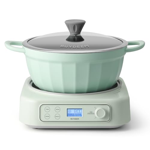 BUYDEEM 5-in-1 Slow Cooker 4.7QT with Removable Nonstick Stockpot, Compatible with Various Cookwares, Two Temperature Controls, Customized Time Settings, Auto Keep Warm for 2H, Cozy Greenish