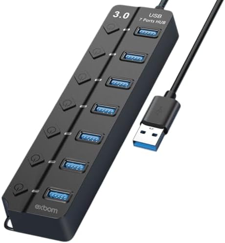 Hub USB 3.0 Com 7 Portas, Botões Individuais, LED, Alta Velocidad...