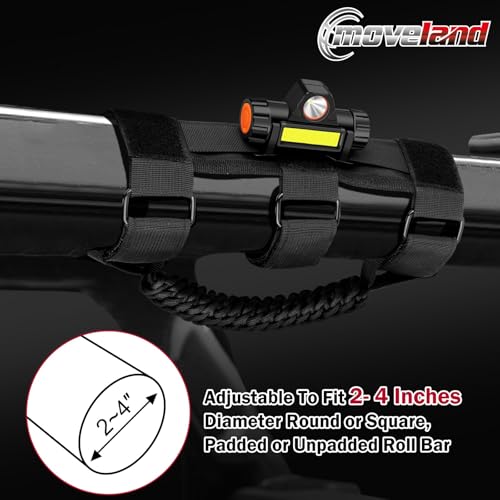 moveland 2 x Roll Bar Grab Handles with Light - Paracord Grip Handle with Light Bar for 1955-2023 Jeep Wrangler CJ YJ JK JL Gladiator JT UTV Polaris RZR 2.0”-4.0” Roll Cage (Black) - Thumbnail 3