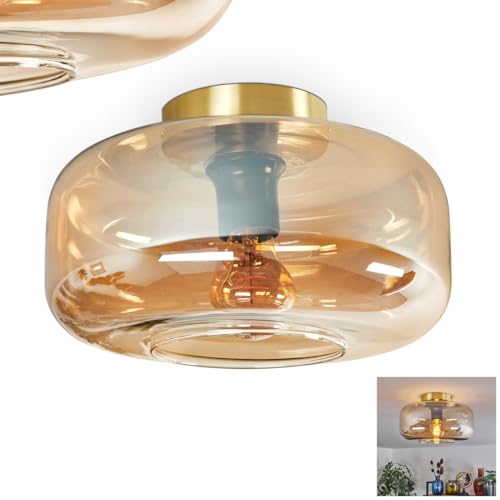  hofstein Plafoniera Boza, lampada da soffitto in metallo/vetro nei colori ottone/ambra/trasparente, lampada dal design moderno retrò/vintage con paralume in vetro (Ø 28 cm), 1 x E27, senza lampadina
