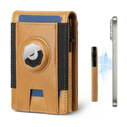 Bifold Airtag Wallet with Magnetic Card Holder & RFID Blocking, MagSafe Card Holder for iPhone12~16, Men Wallet with Genuine Leather, Stretch Front Pocket, Carteras Hombres