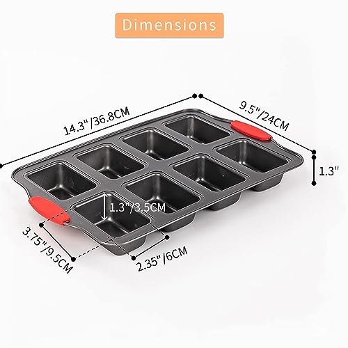 PLAZOTTA 2 Packs 8 Cavity Non-Stock Mini Loaf Pan with Silicone Handle, Mini Bread Loaf Baking Pan Mini Brownie Pan Cheesecake Pan Rectangular Bar