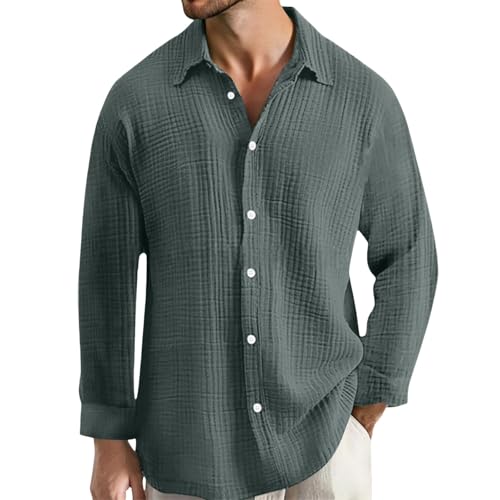 Cexiakong Camisa de verano de manga larga para hombre, de algodón, para el tiempo libre, con botones, cuello de solapa, camisa de playa, de verano, para senderismo, ajuste holgado, camisa de manga