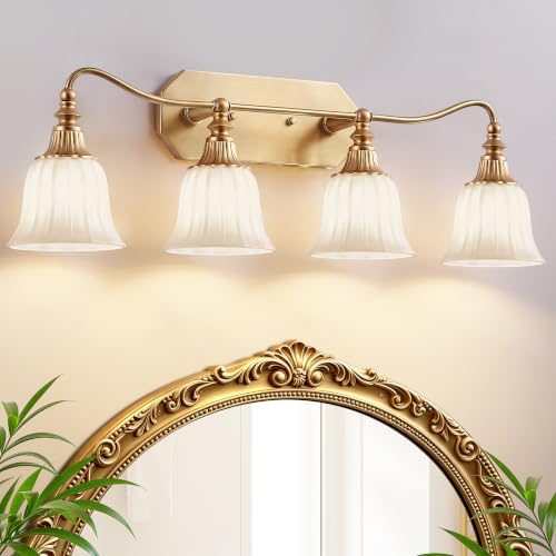 Image of LmnLvn 4‑Light Bathroom Vanity Light, Matte White with Crystal Glass Shade